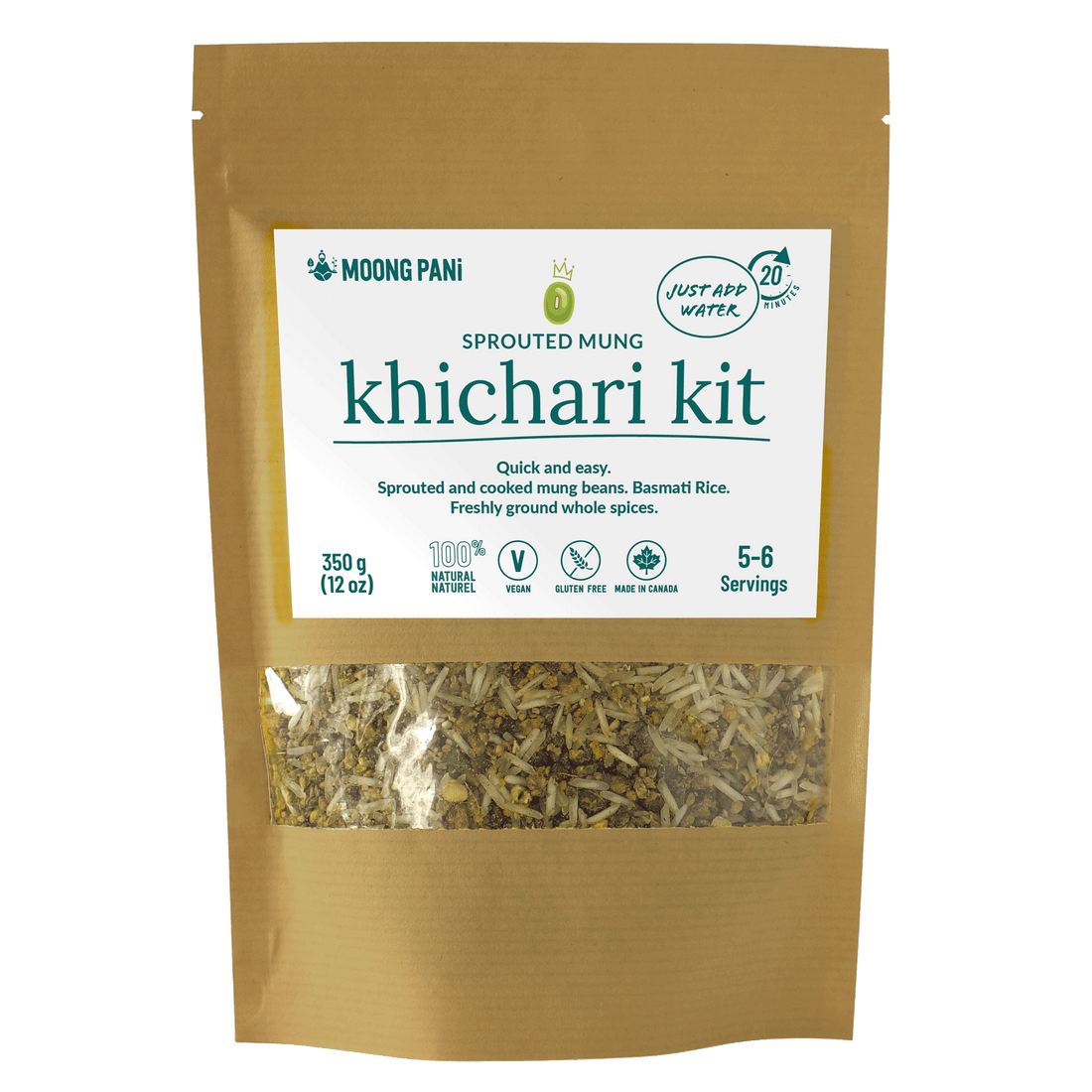 Moong Pani Sprouted Mung Khichari Kit. Vegan, Gluten-free, 100% natural and made in Canada.